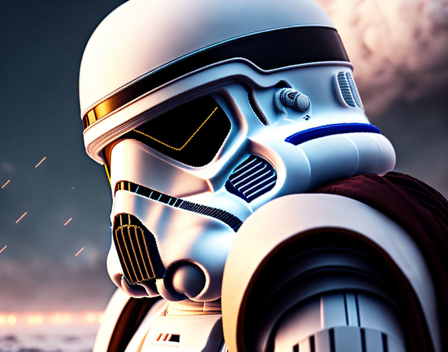 Detailed Stormtrooper helmet and armor against cloudy sky