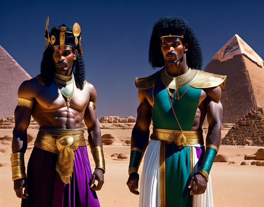 Stylized individuals in ancient Egyptian attire by pyramids