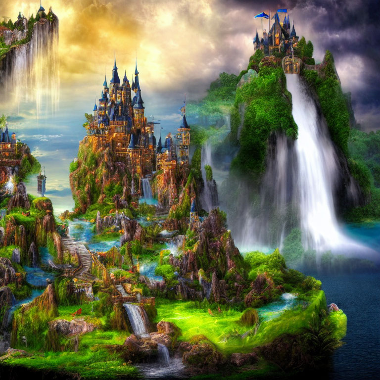 Fantasy landscape with greenery, waterfalls, castles, and dramatic sky