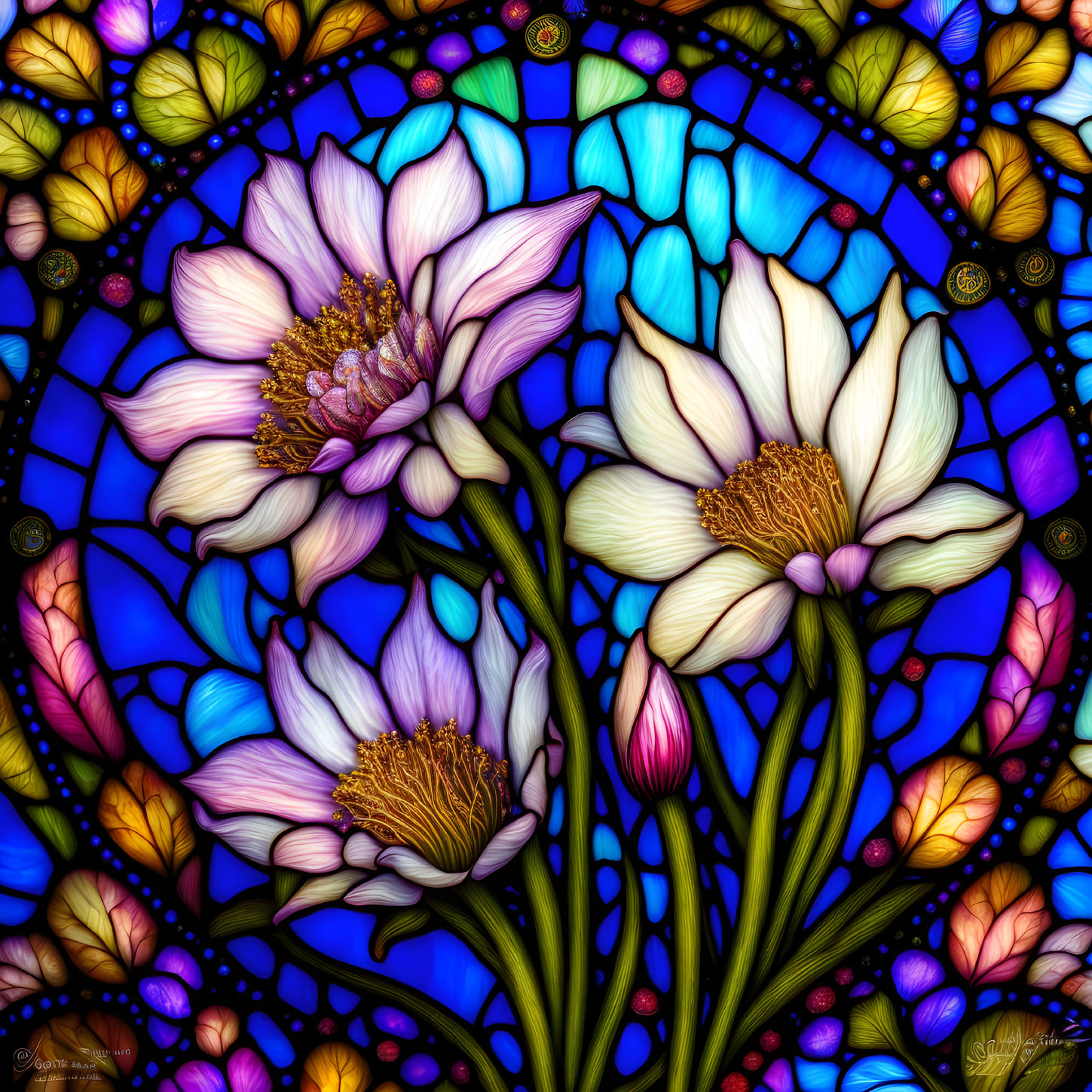 Vibrant stained glass with intricate floral patterns on blue background