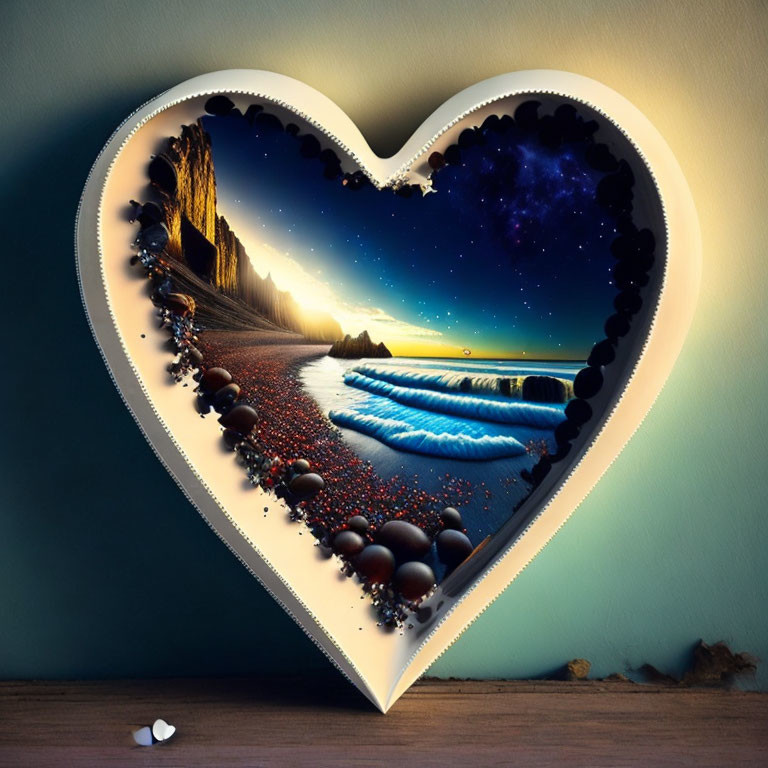 Heart-shaped 3D frame showcasing surreal landscape with cliffs, river, and starry sky.