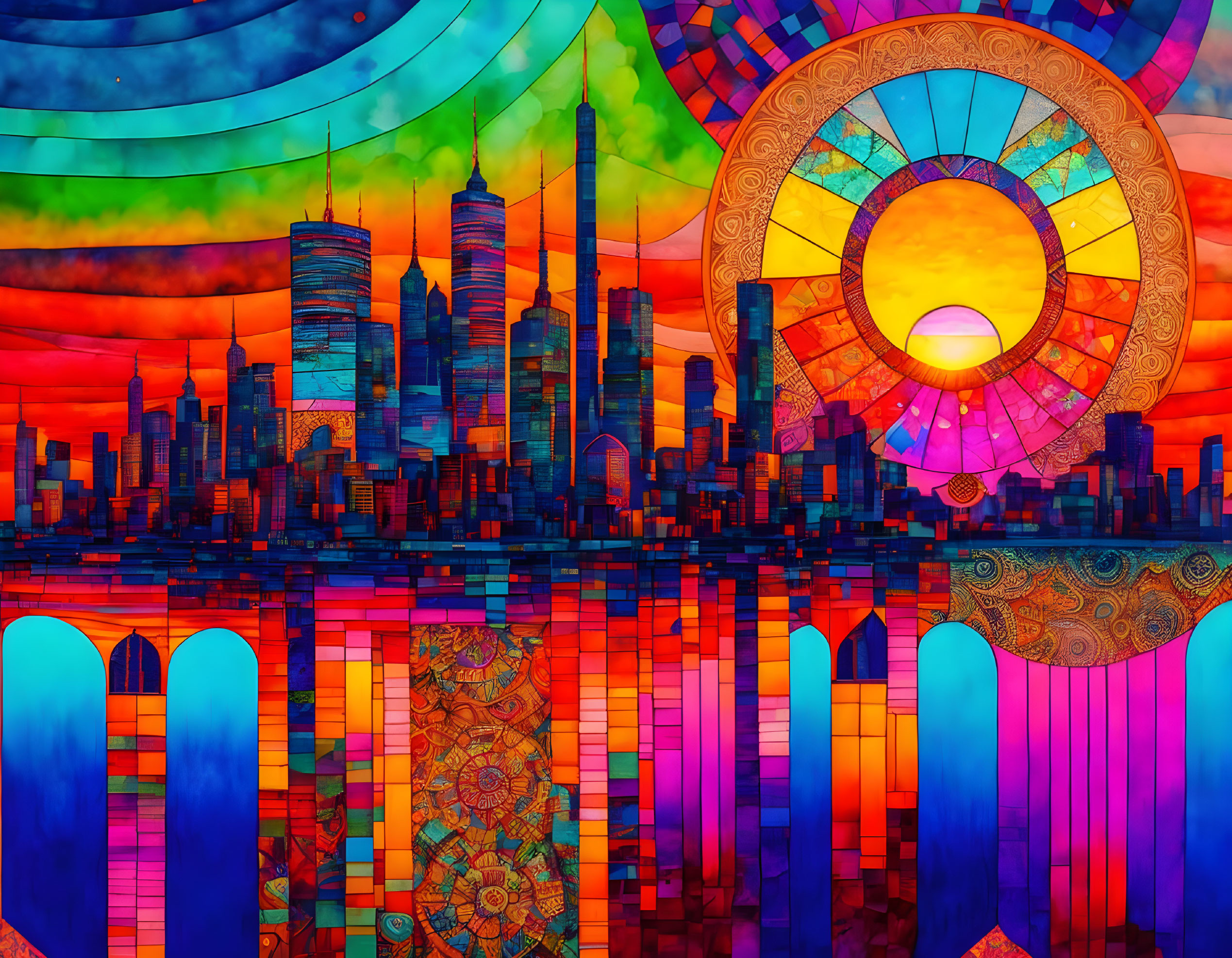 Colorful Stained Glass Cityscape Illustration with Skyscrapers