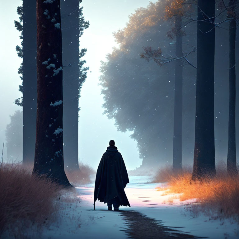 Solitary figure in cloak walking through snowy twilight forest