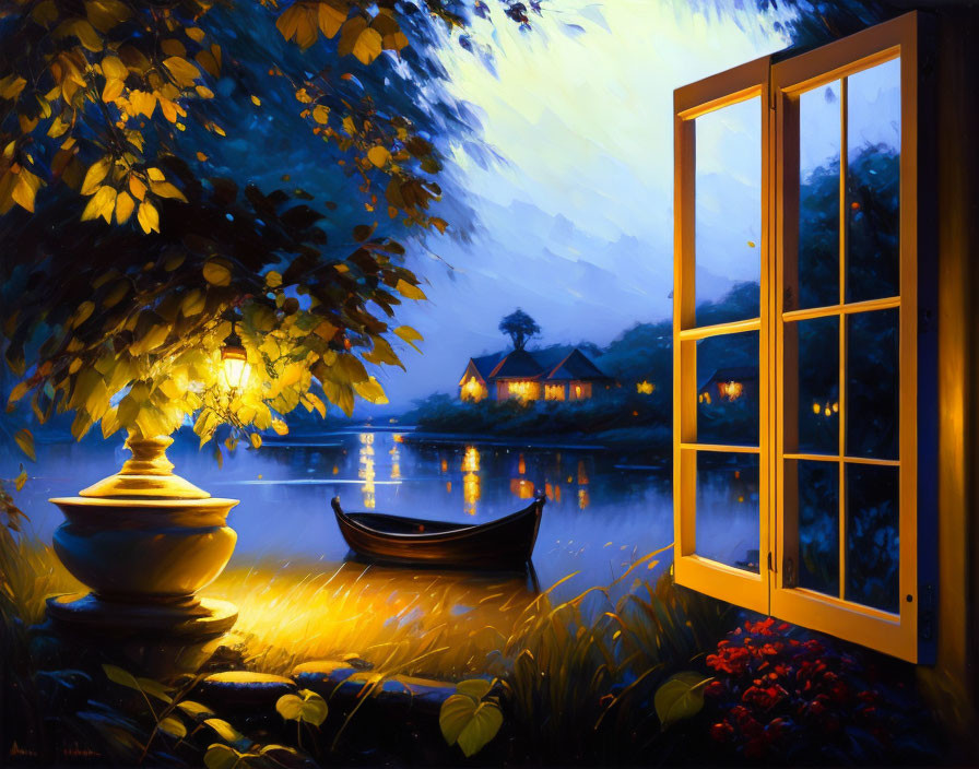 Tranquil nocturnal scene of warmly lit window overlooking lake