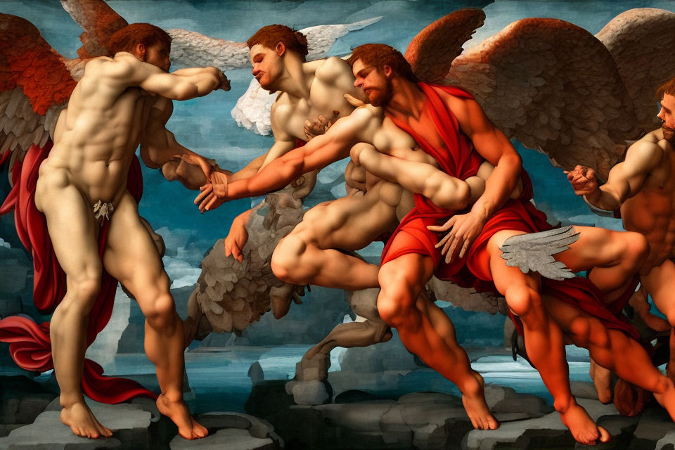 Classical painting of muscular male figures with angel wings in dynamic poses