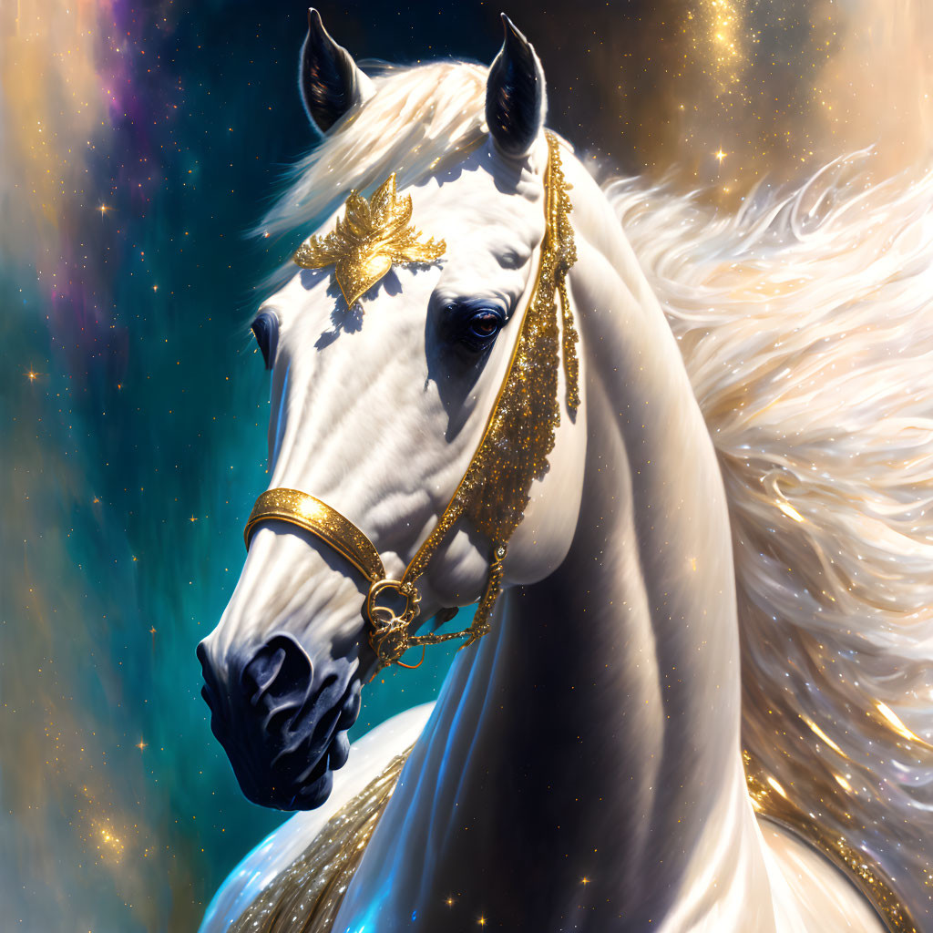 White Horse with Golden Ornaments on Celestial Background