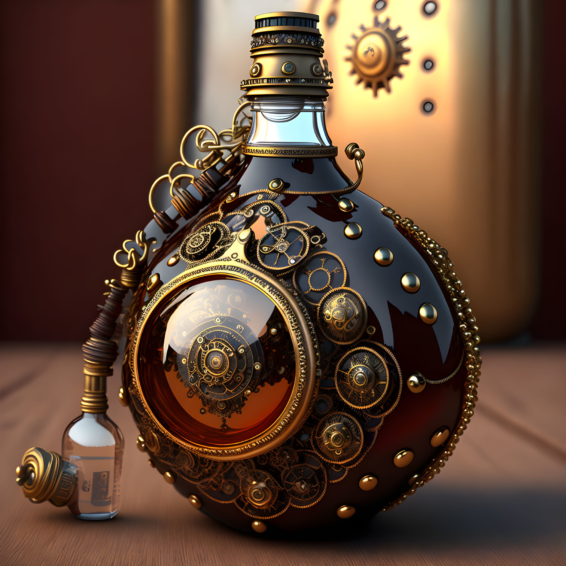 Steampunk-inspired potion bottle with gears and mechanical details