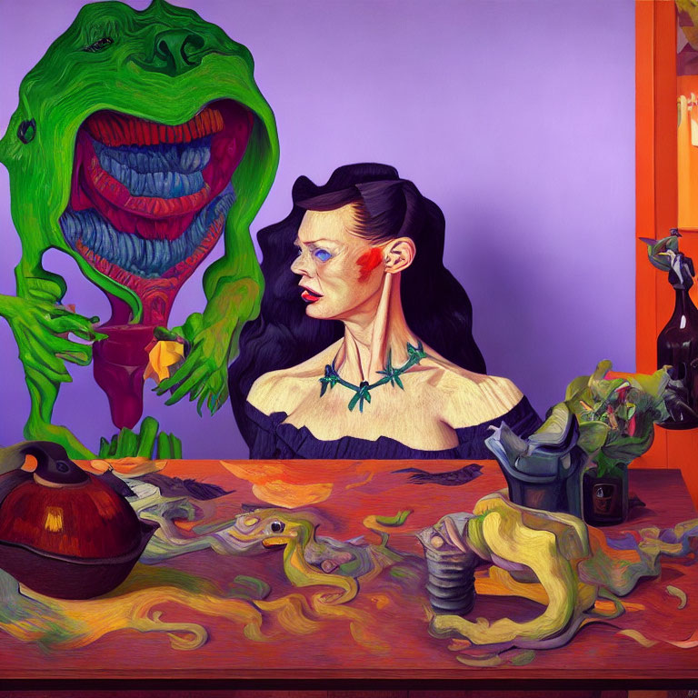 Colorful painting featuring woman, snake, and ghostly figure.