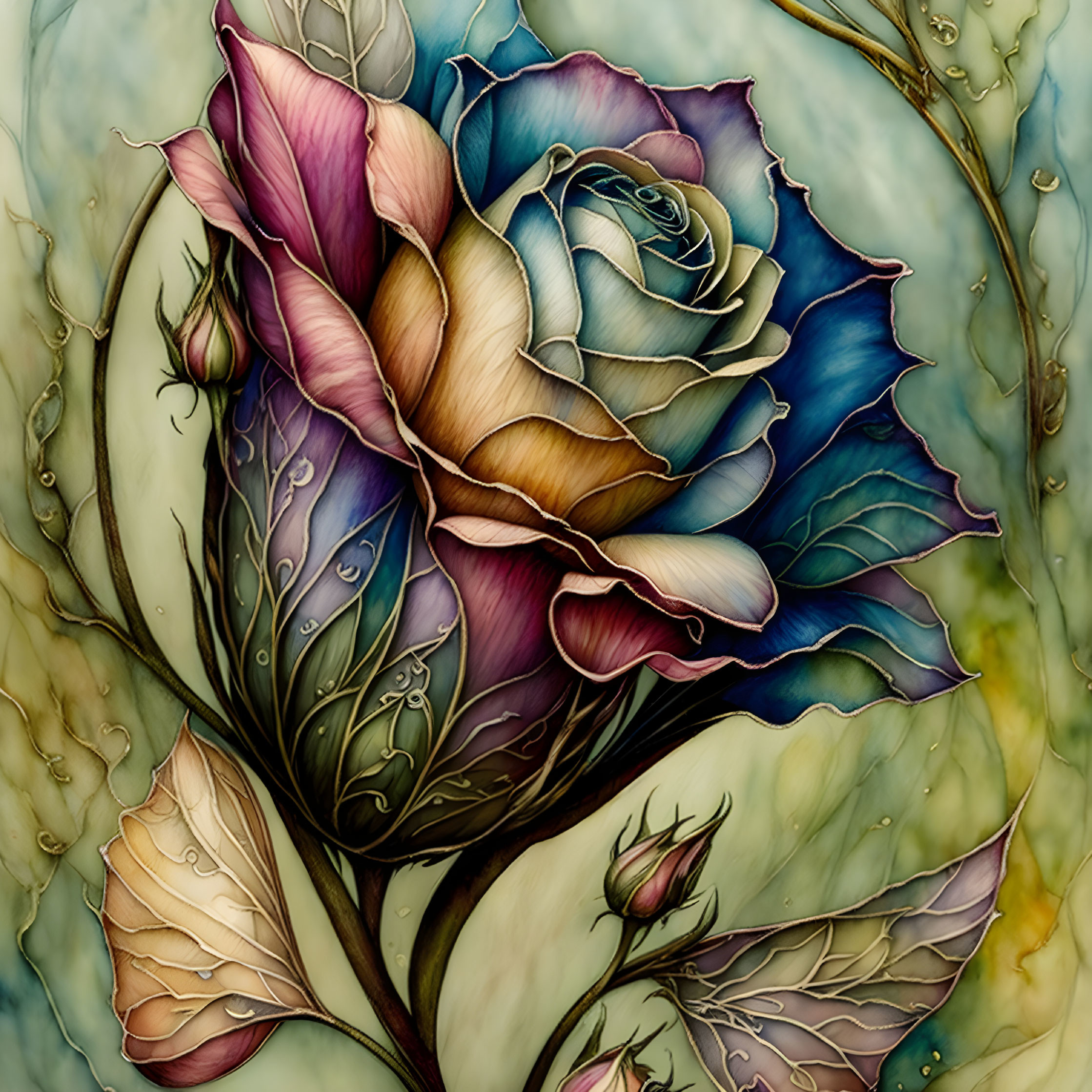 Multicolored Rose Illustration with Stained Glass Aesthetic