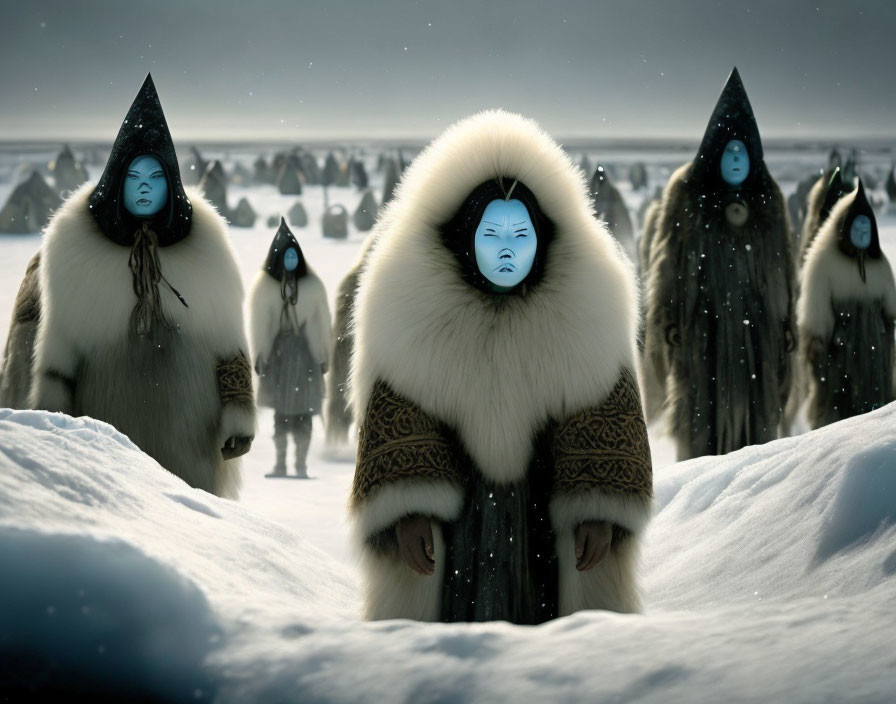 People in fur-lined cloaks and masks in snowy landscape with mystical vibe