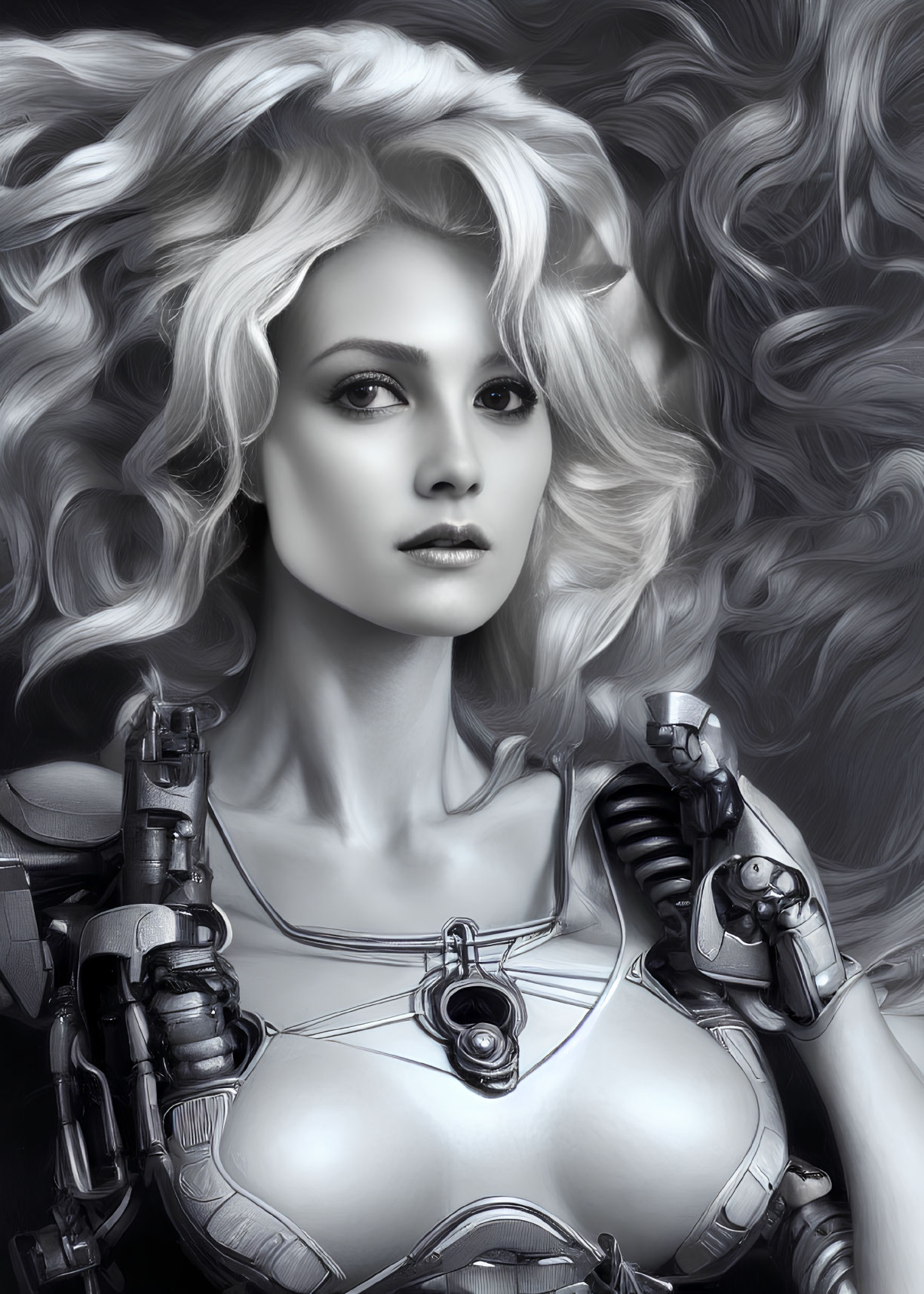 Monochrome image of woman with voluminous hair and cybernetic arms