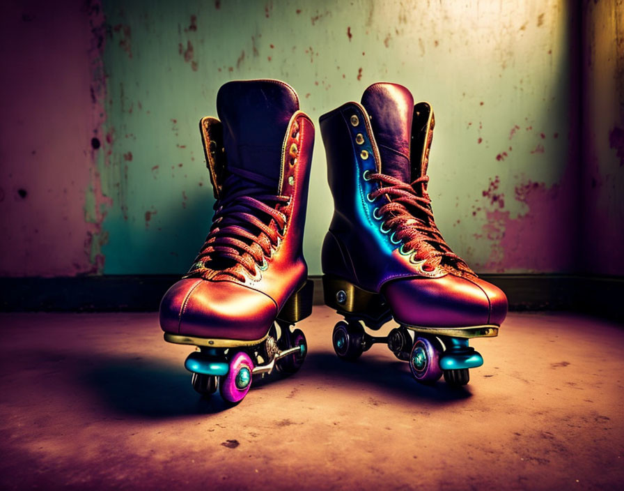 Colorful laced retro quad roller skates against grungy wall