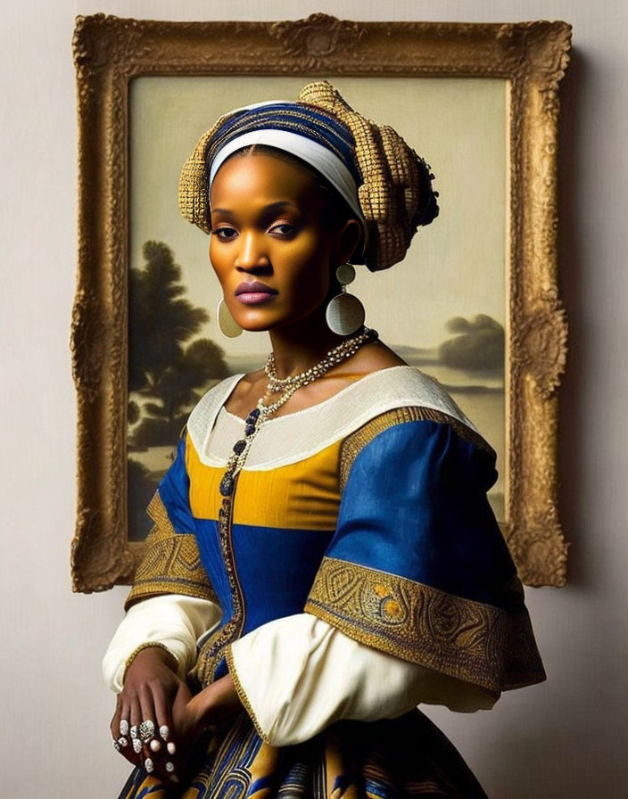 Traditional Renaissance-style portrait of a woman in beaded headpiece