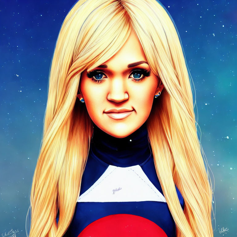 Blonde woman in racing suit against starry backdrop