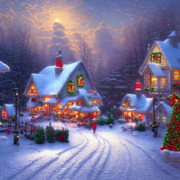 Snow-covered houses with Christmas lights in a winter scene