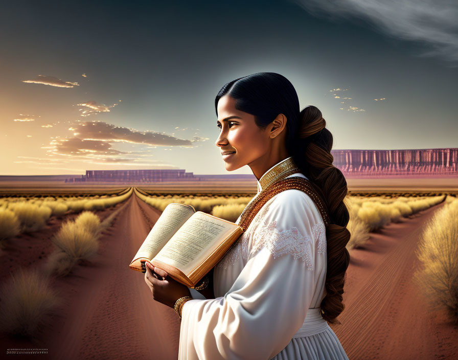 Woman holding open book in desert at sunset