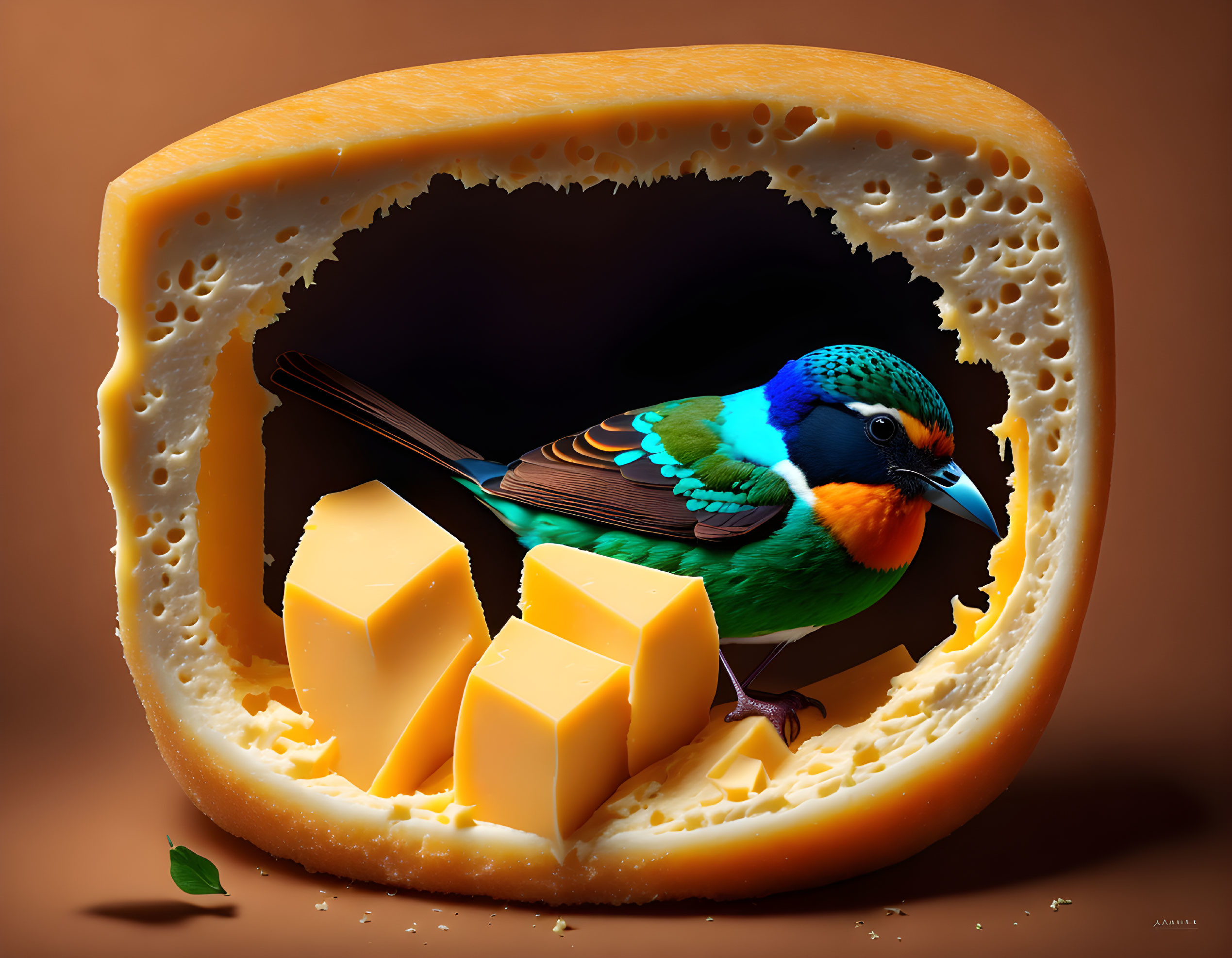 Colorful bird in Swiss cheese wheel on brown background