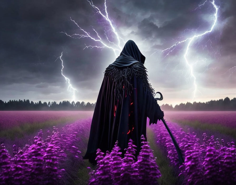 Cloaked figure with sword in purple field under stormy sky