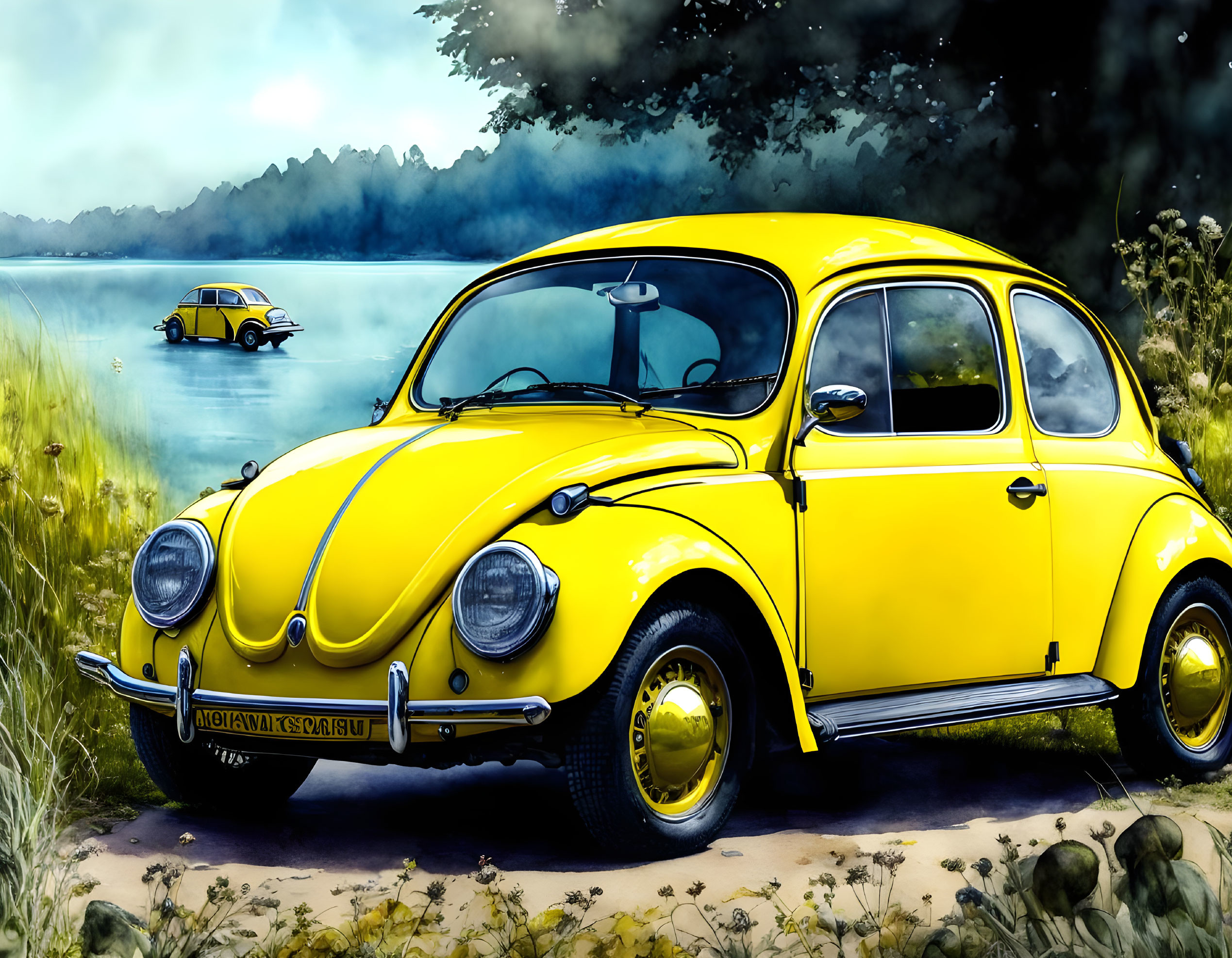 Yellow Volkswagen Beetle parked by serene lake with foggy background