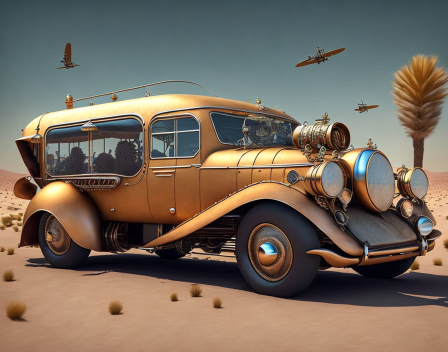 Steampunk vehicle with intricate pipes in desert landscape