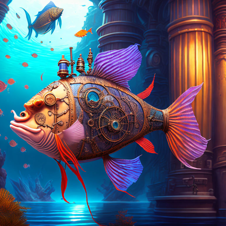 Steampunk fish with mechanical features and ornate metalwork swimming among ancient underwater columns