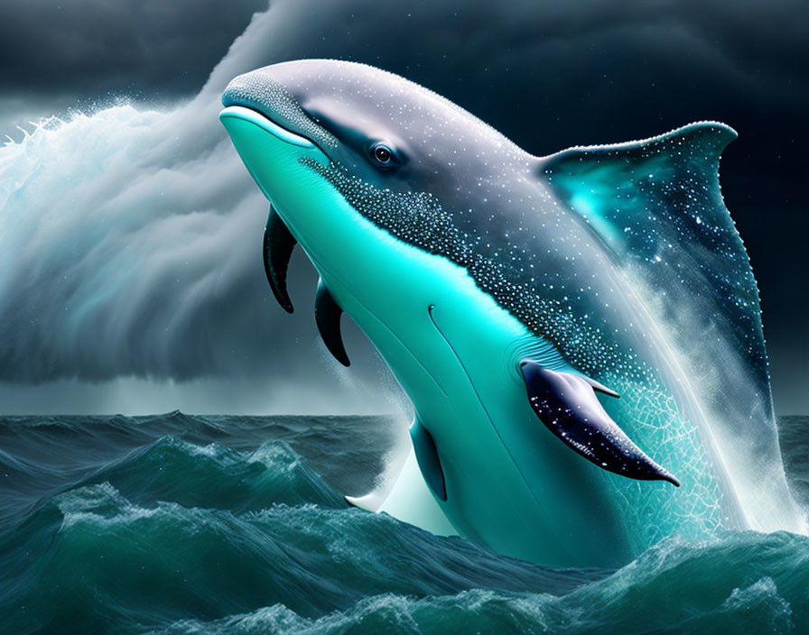 Colorful digital artwork: Dolphin jumping in stormy sea with star-like speckles