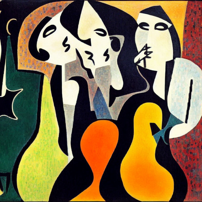 Abstract Painting: Stylized Figures in Orange, Green, Black & White