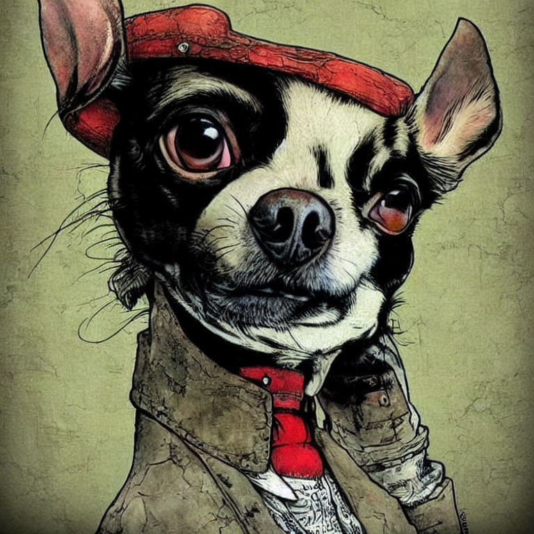 Dog with Human-Like Features in Red Beret and Coat Illustration