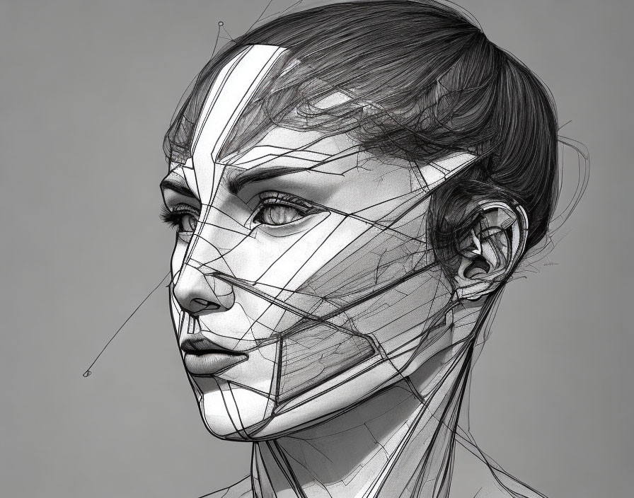 Monochrome digital art: woman's head with wireframe overlay