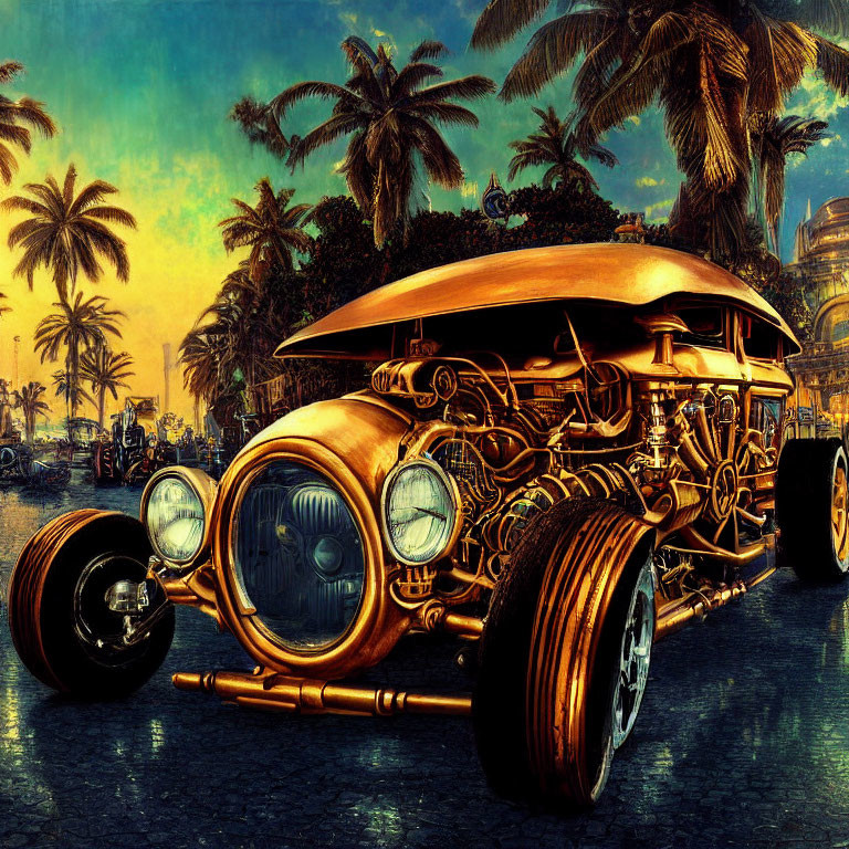 Vintage Bronze Car with Intricate Designs on Palm-Lined Boulevard at Sunset