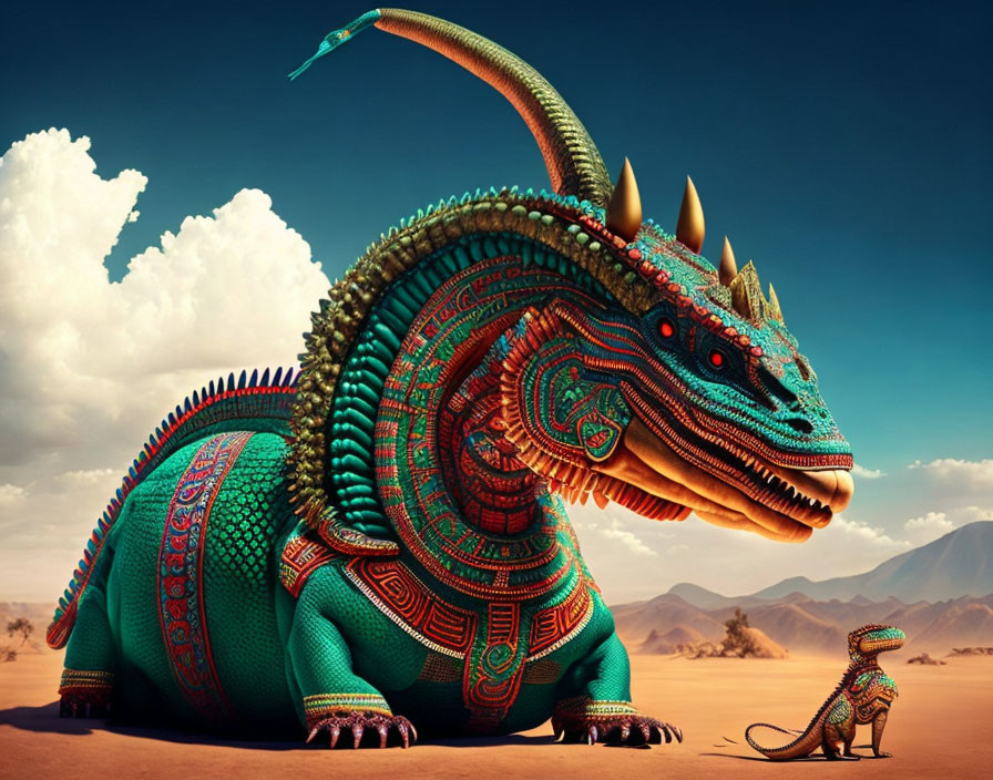 Vibrant dragon sculptures in desert landscape