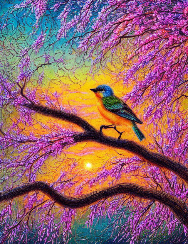 Colorful bird on gnarled branch in vibrant, blooming forest at sunset