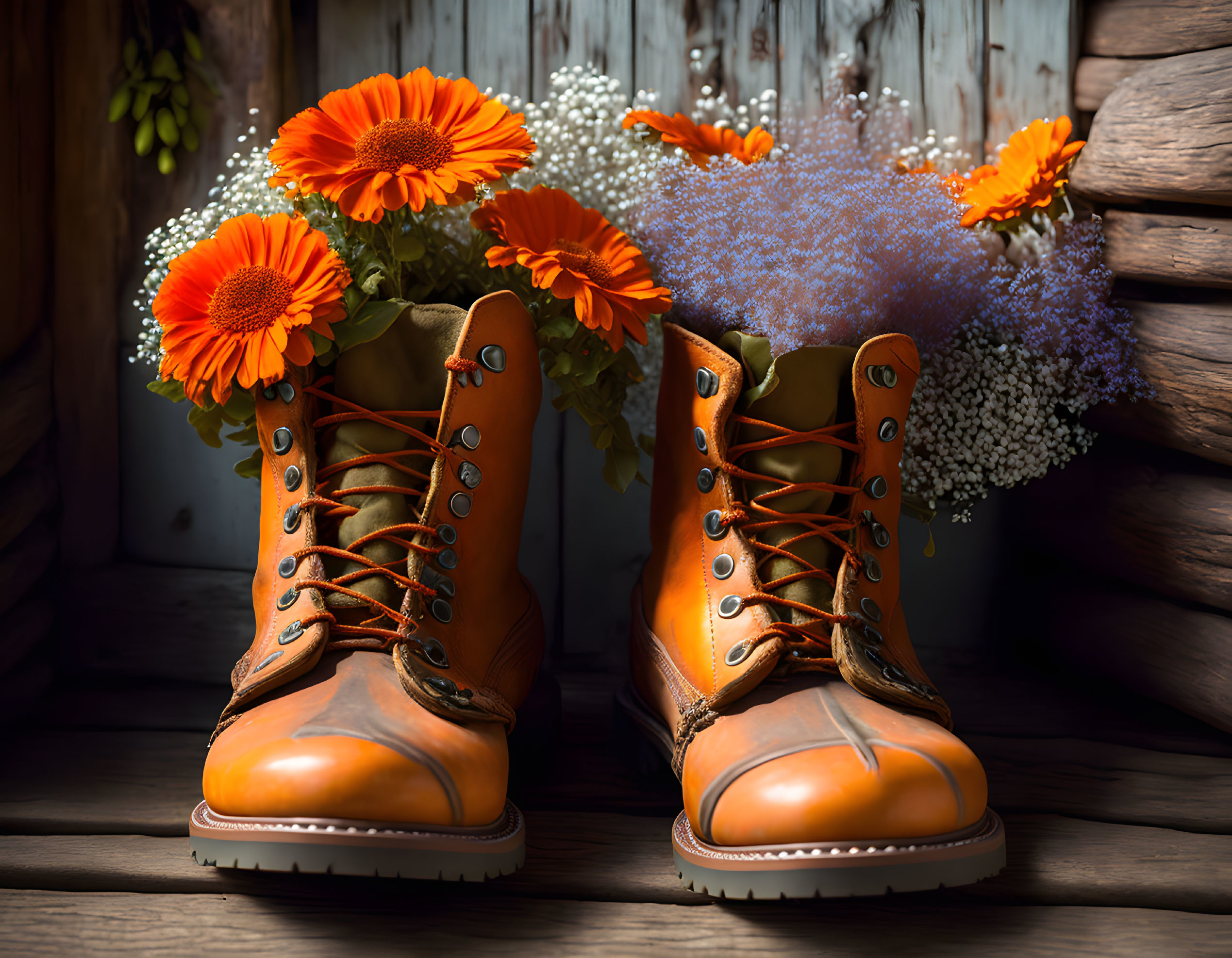 Orange and Blue Flowers in Brown Boots on Wooden Background