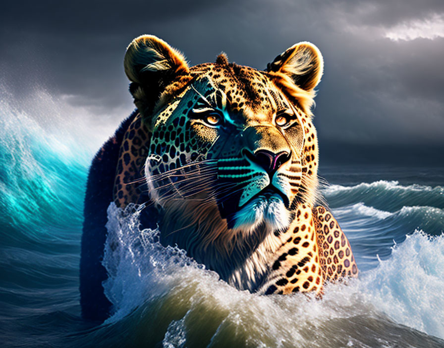 Digital Artwork: Leopard's Head Blended with Ocean Waves & Stormy Sky