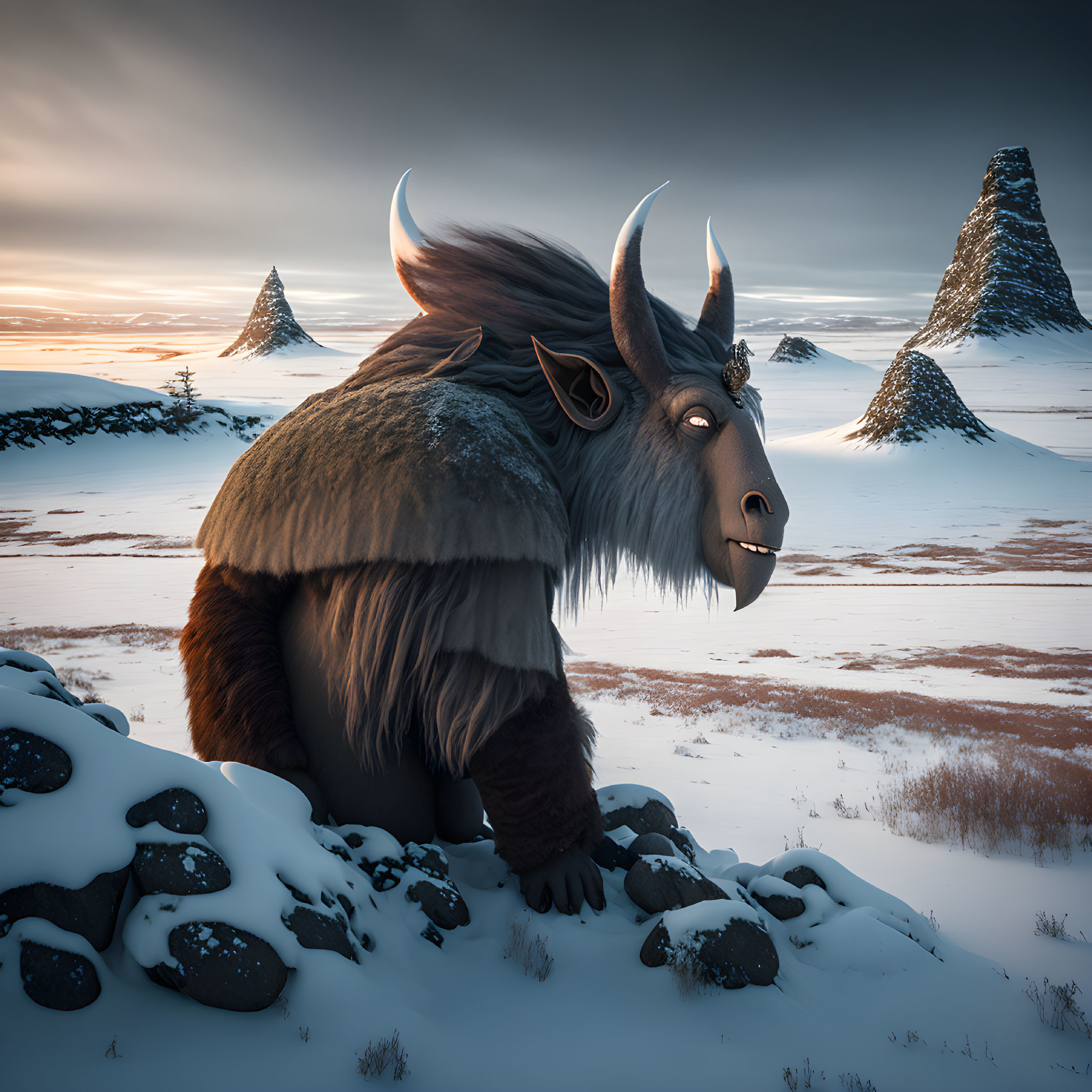 Majestic musk ox with curved horns in snowy twilight landscape