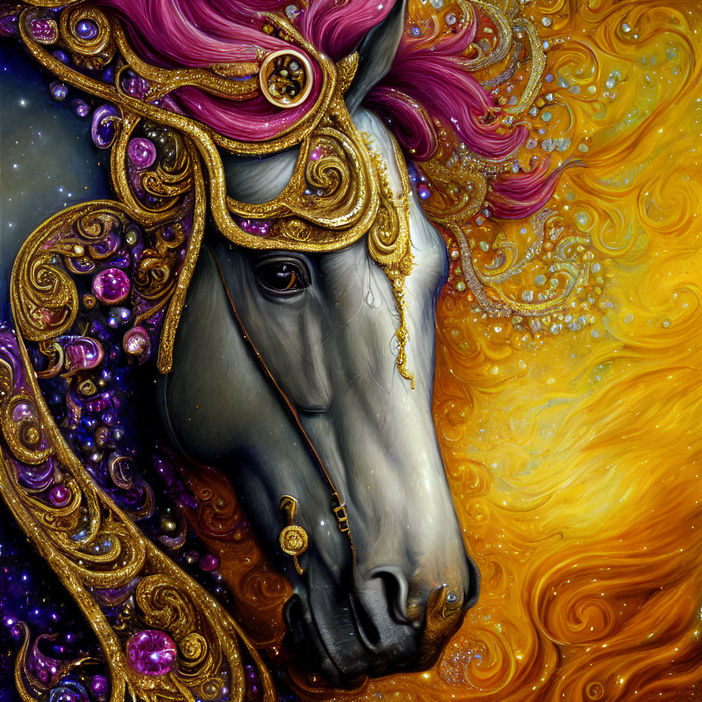 Ornate gold and purple cosmic horse on starry backdrop