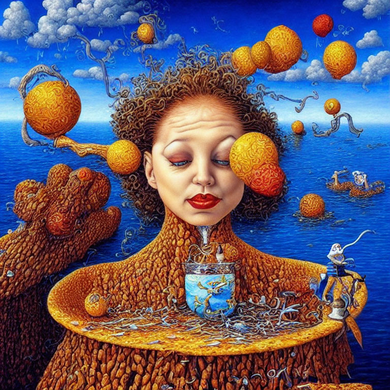 Surreal painting of woman's head with floating orange spheres and hair as landscape.