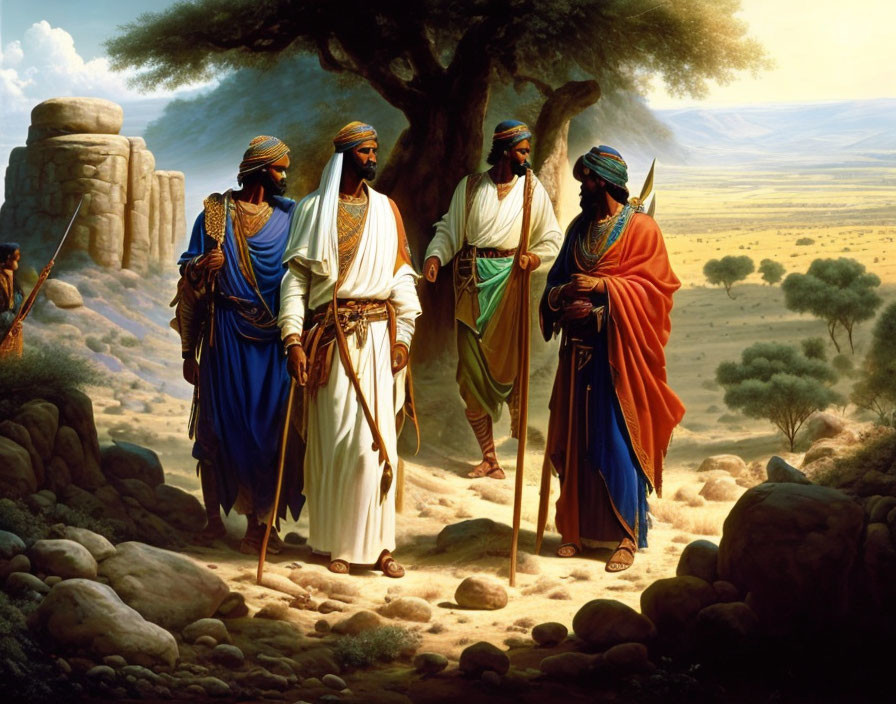 Three people in Middle Eastern clothing chat by tree in desert near ruins