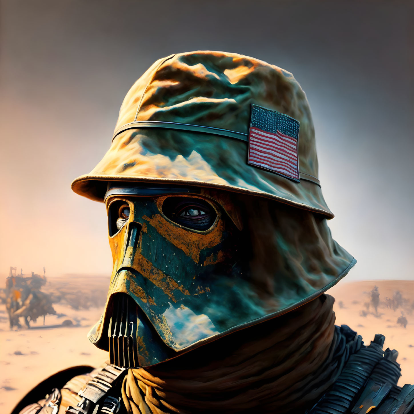 Futuristic soldier digital art with American flag patch in war setting