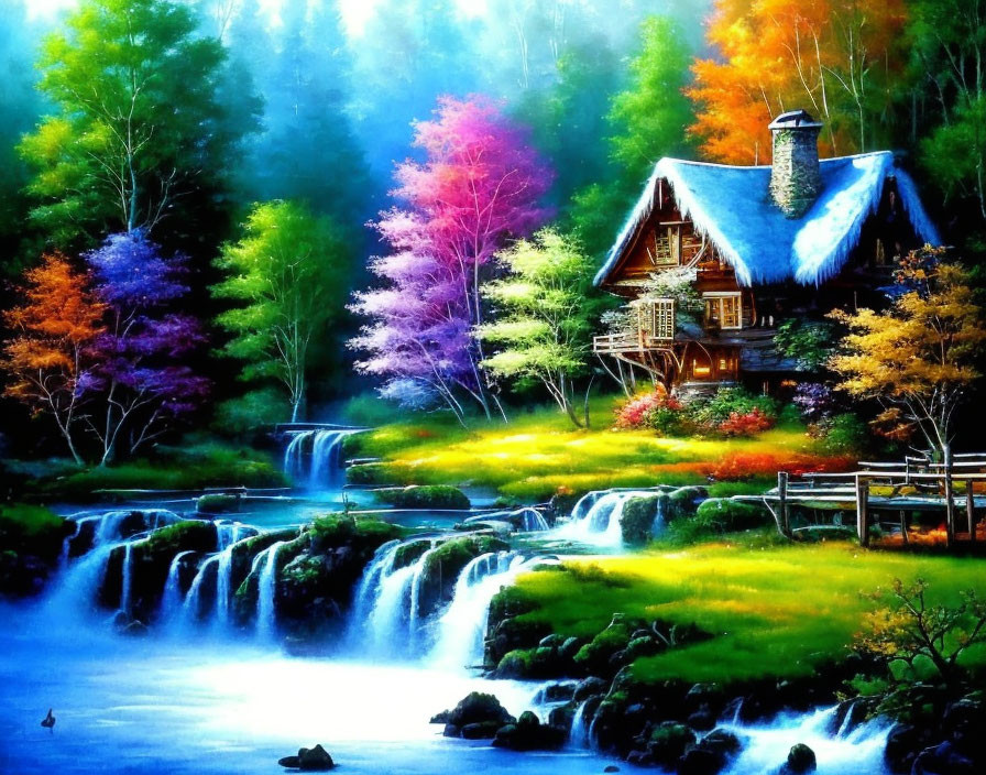 Colorful Cottage by Waterfall in Serene Forest