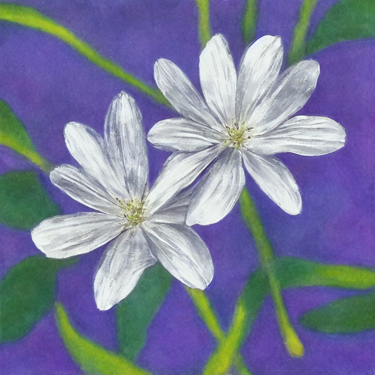 White Flowers with Five Petals on Purple Background and Green Leaves