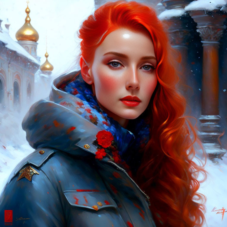 Digital Artwork: Woman with Red Hair and Blue Eyes in Winter Coat on Snowy Background