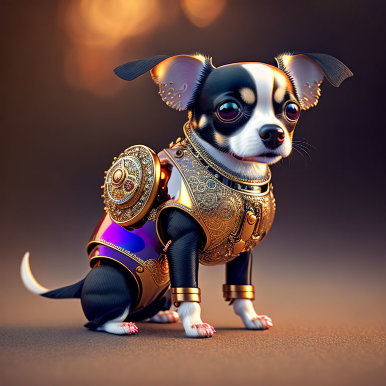 Stylized digital artwork: Chihuahua in ornate purple armor