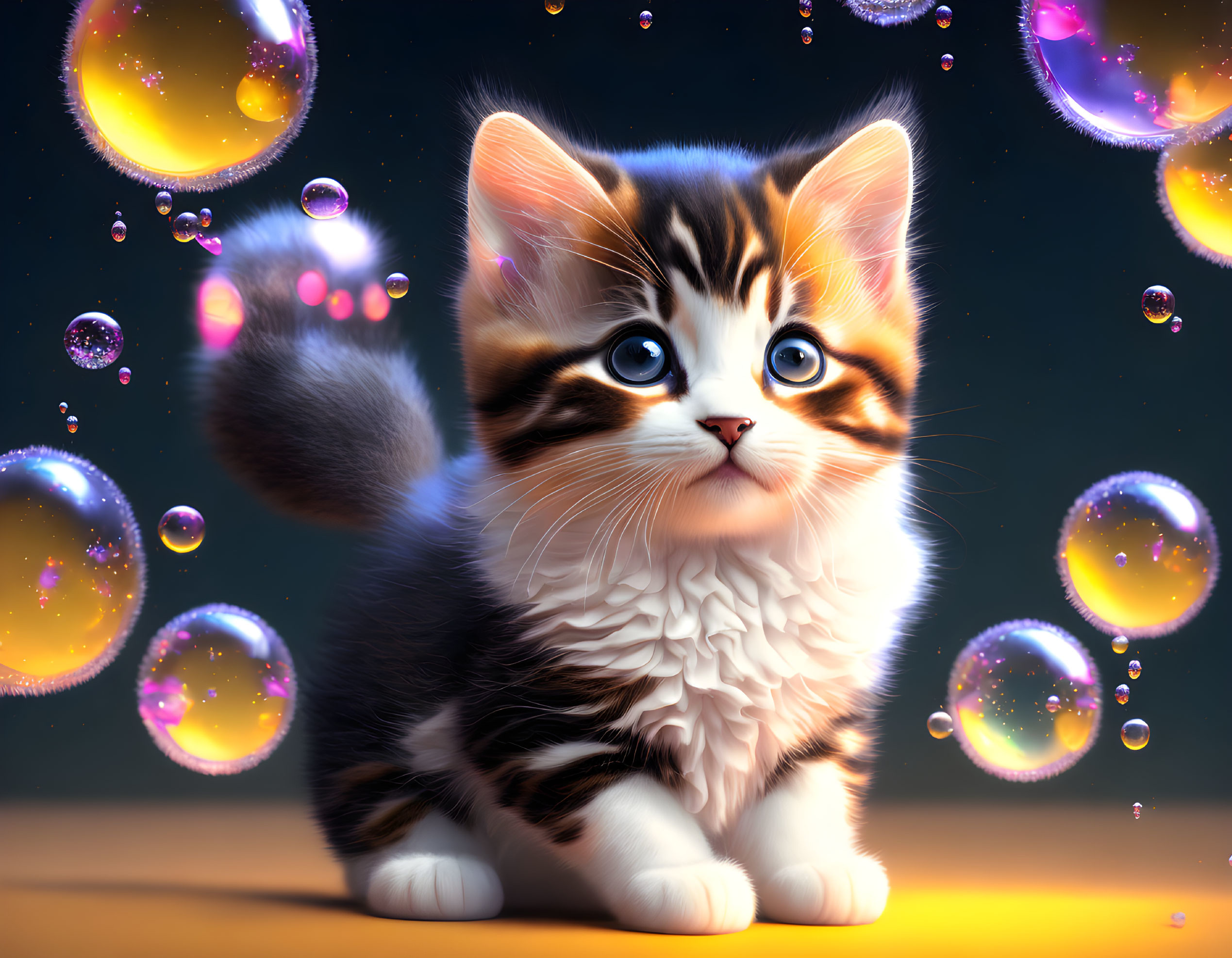 Fluffy kitten with blue eyes in colorful bubbles on dusky background