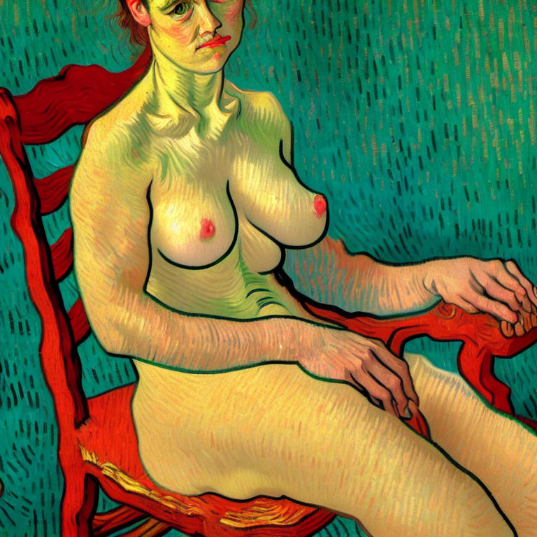 Nude Woman with Red Hair on Red Chair Against Green Background