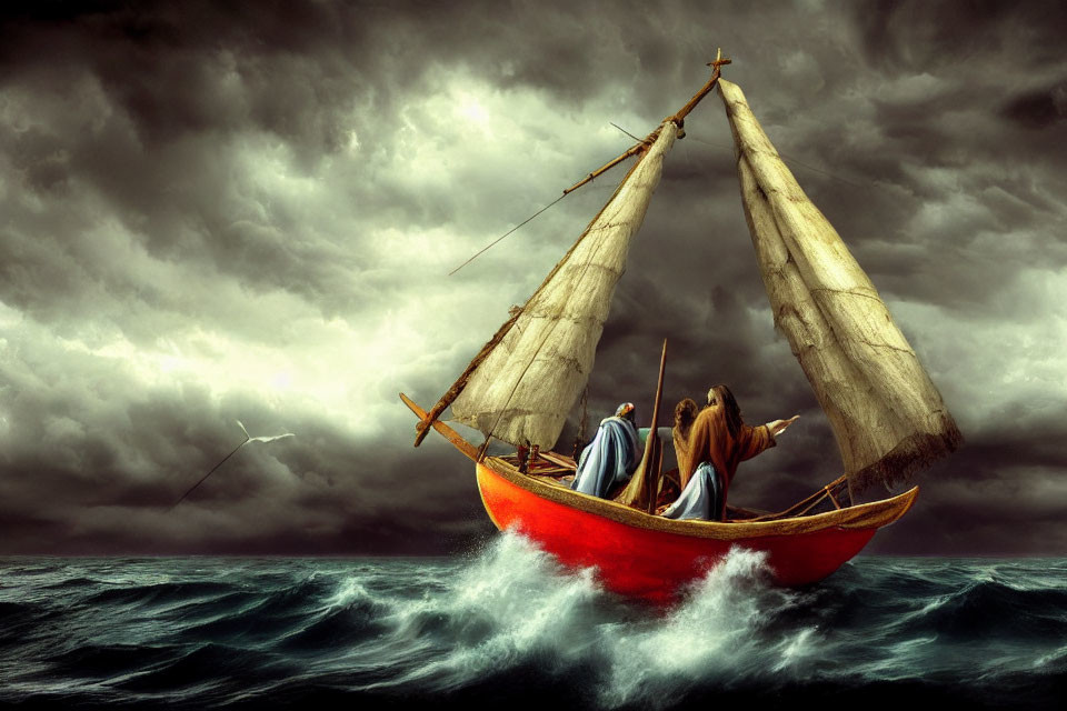 Small red sailboat with two occupants navigating stormy seas under dark sky