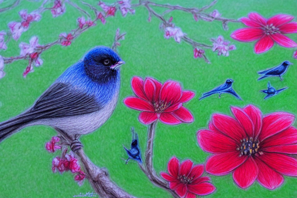 Vibrant blue bird on branch with red flowers and small flying birds on green background