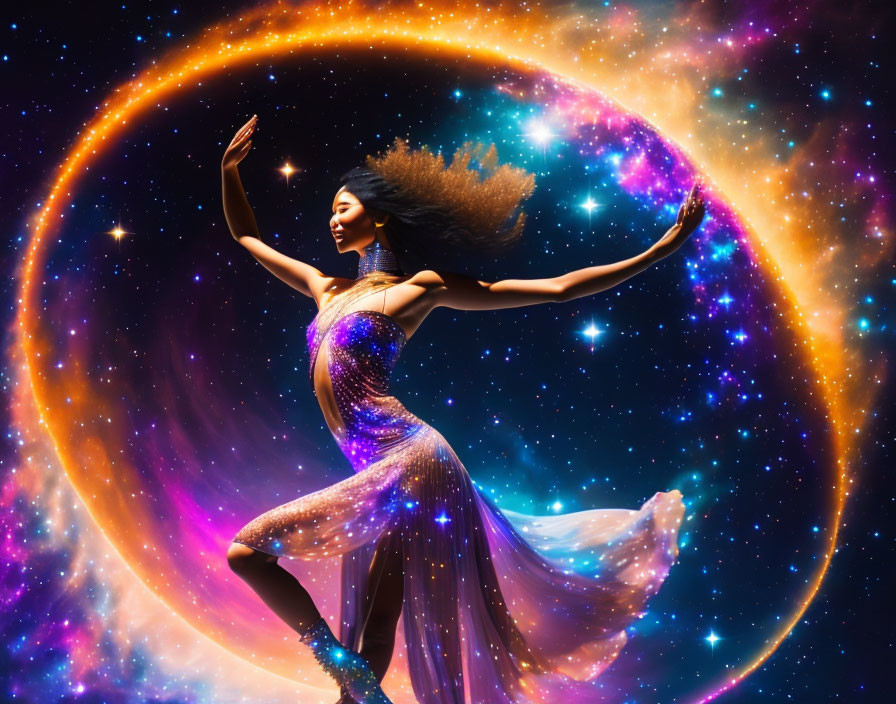 Graceful dancer in purple dress against cosmic background with orange ring