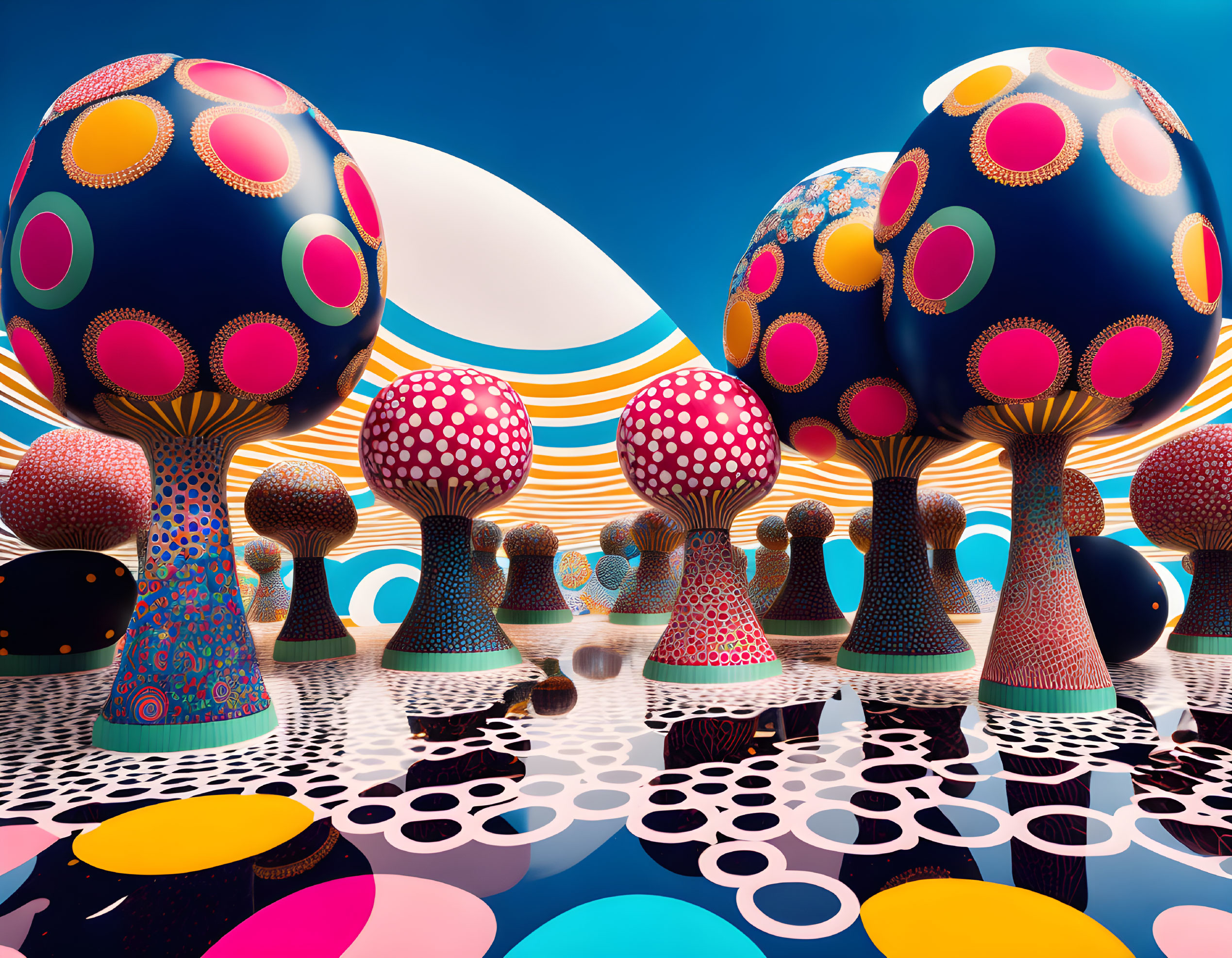 Colorful Mushroom-Like Trees in Surreal Landscape