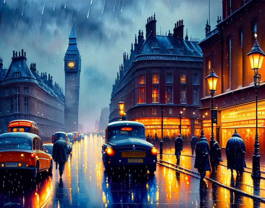 Illuminated London streets on a rainy evening